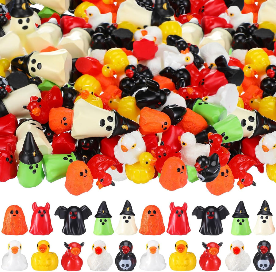 Assorted Halloween mini ducks and figures in ghost, pumpkin, witch, and bat designs